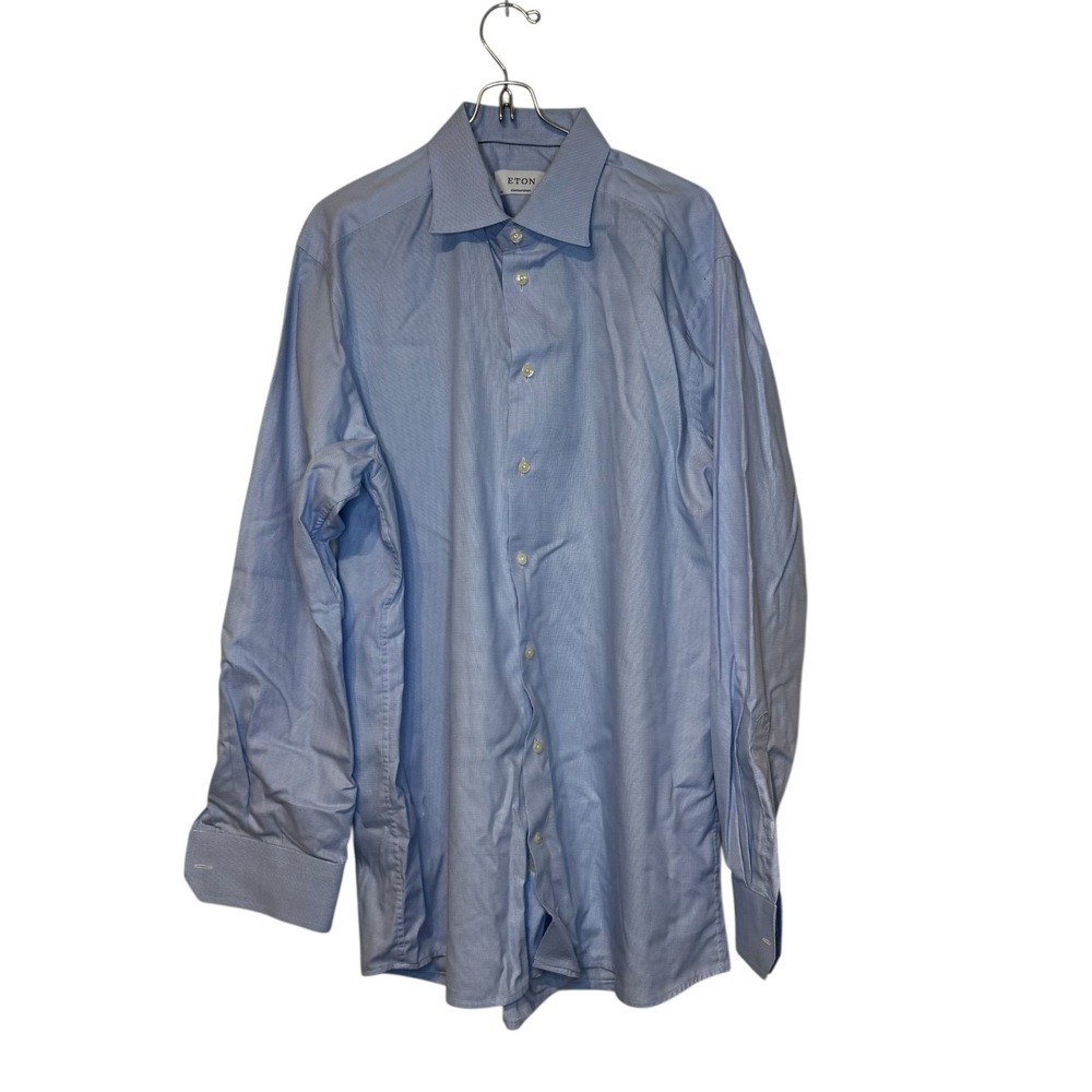 Eton Men Dress Shirt Contemporary Check Long Sleeve Button Cotton Blue 44/17.5‎